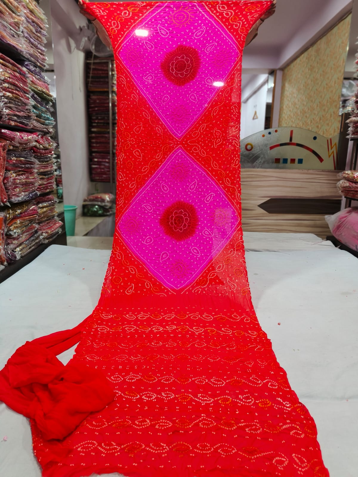 Red and Pink Diamond Bandhani Saree