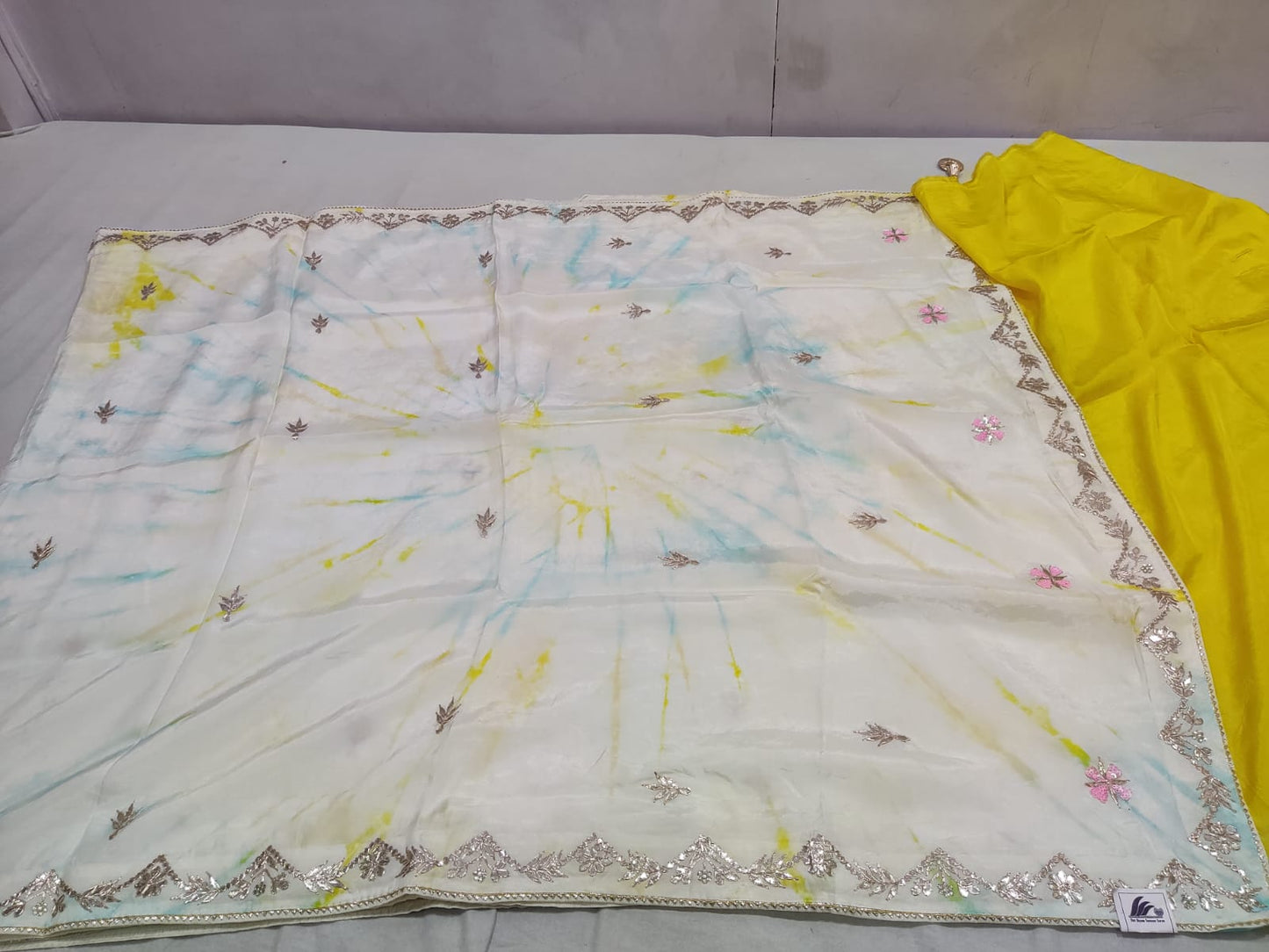 Hand-Dyed White & Sky Blue Shibori Saree with Intricate Gota Border