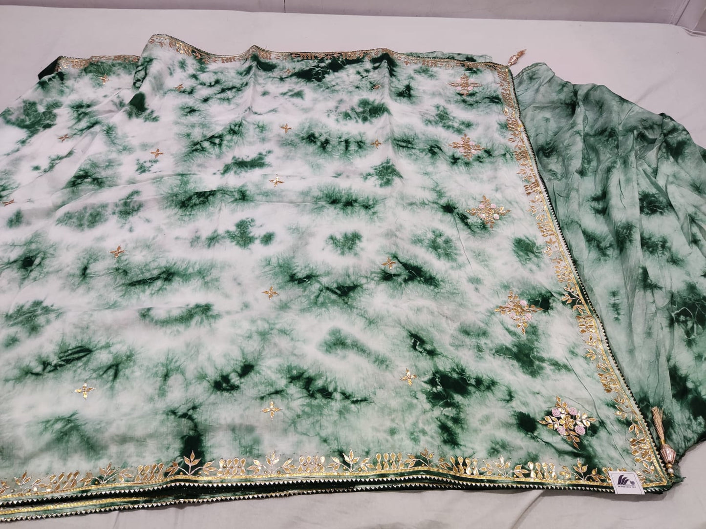 Deep Moss Green Marbled Shibori Saree with Classic Gota Border