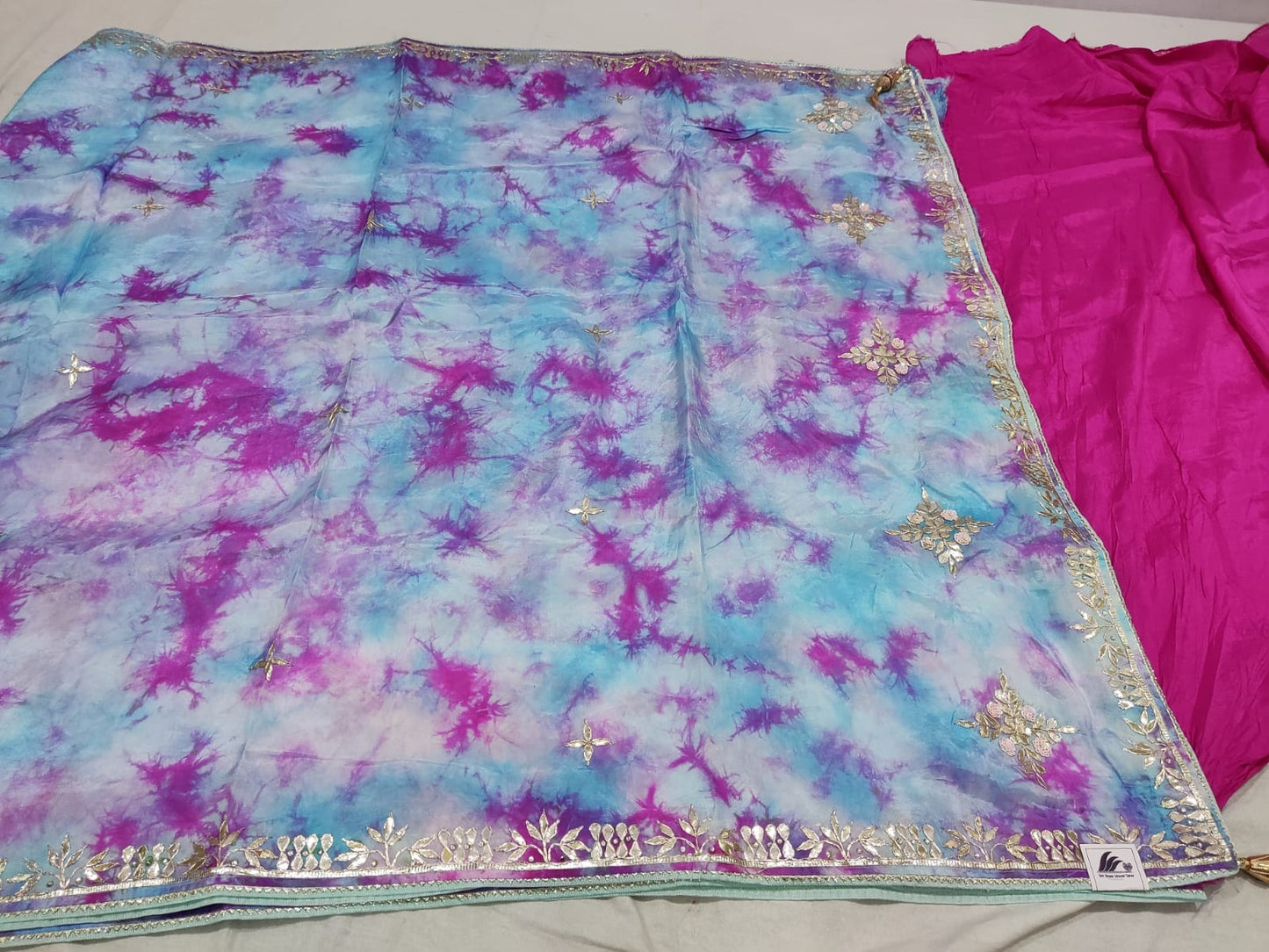 Electric Violet Teal Cloud-Dye Saree with Ornate Gota Border