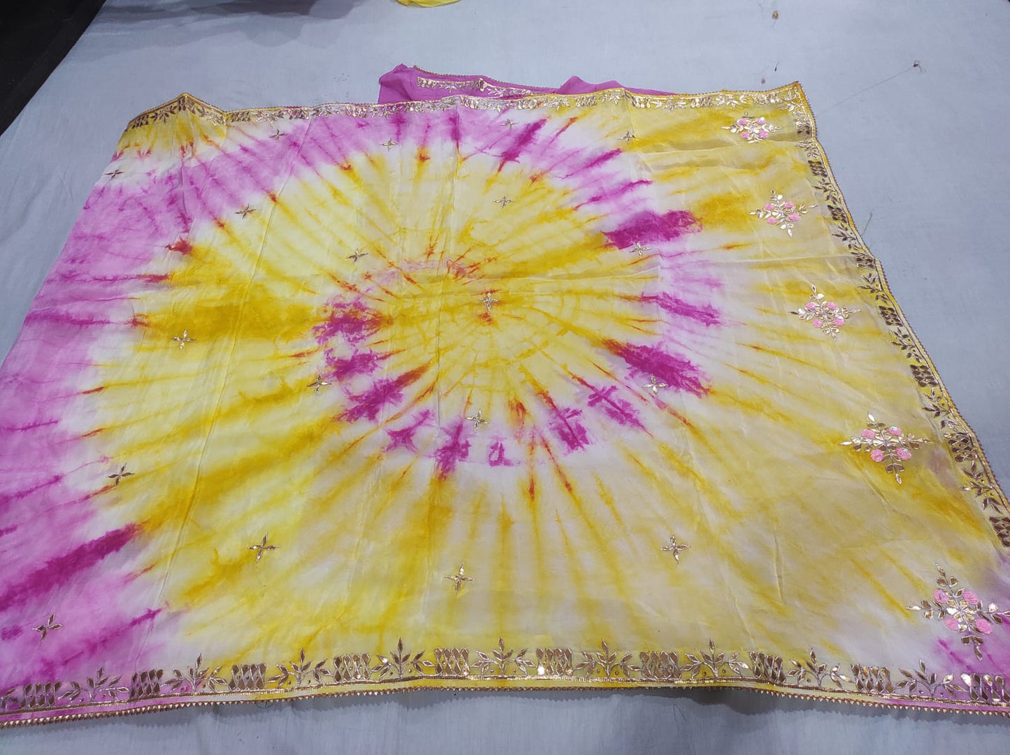 Deep Yellow & Magenta Spiral Tie-Dye Saree with Royal Gota Border