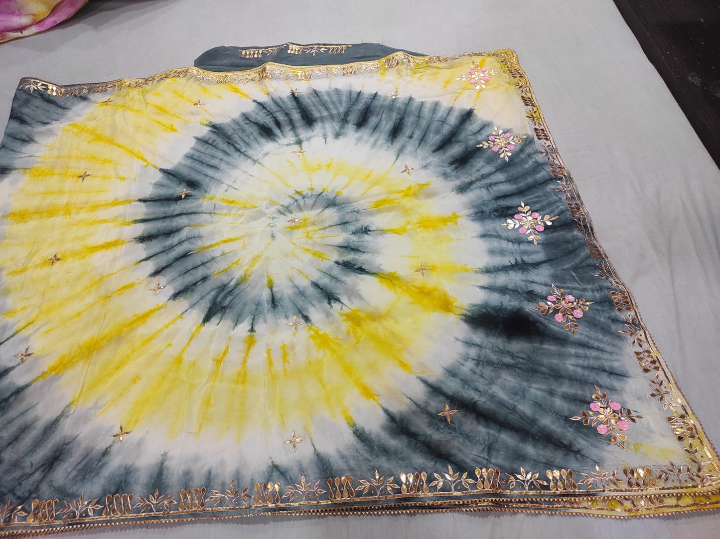 Charcoal Grey & Mustard Yellow Radial Shibori Saree