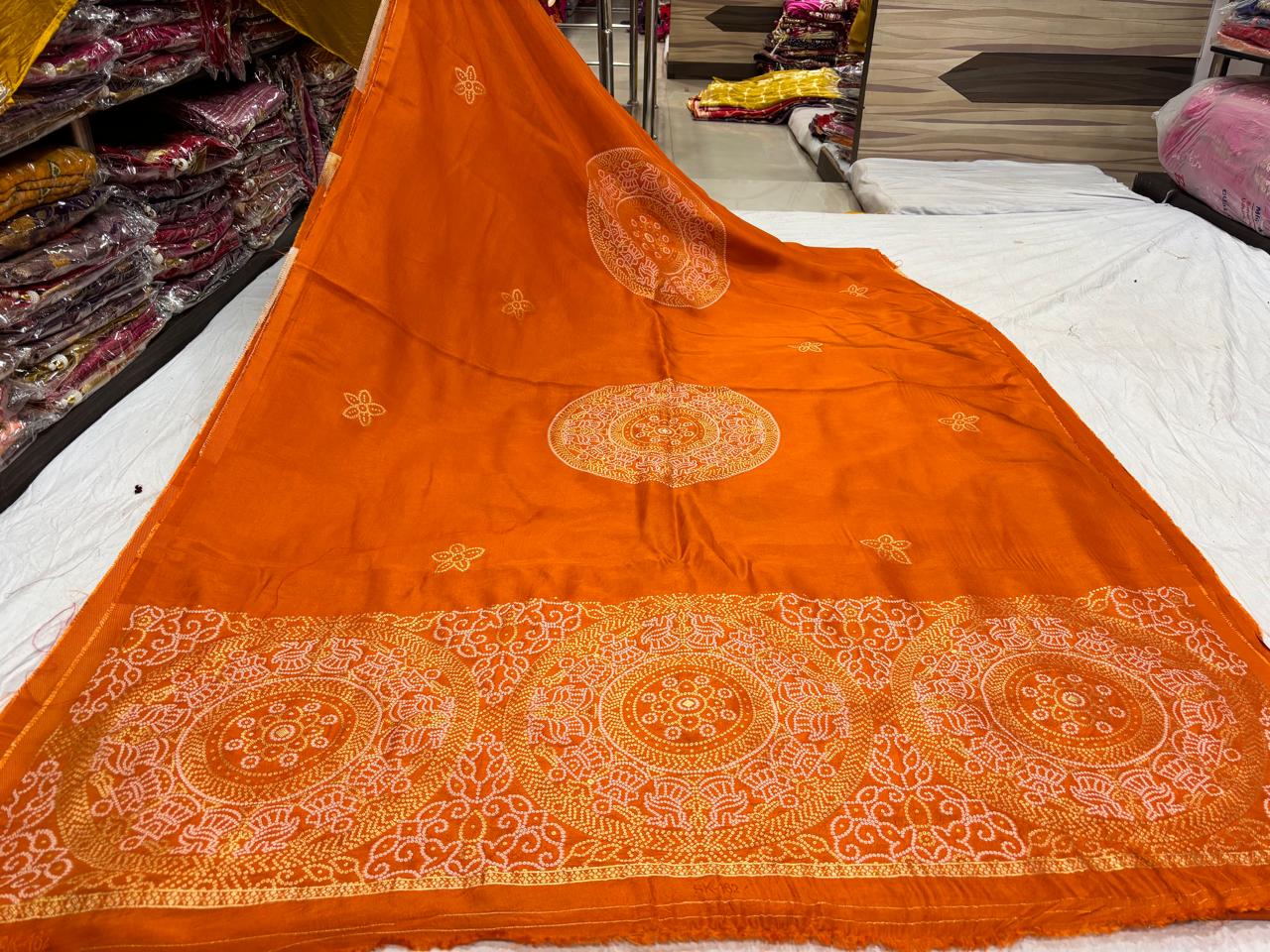 Orange Geometric Bandhani Saree
