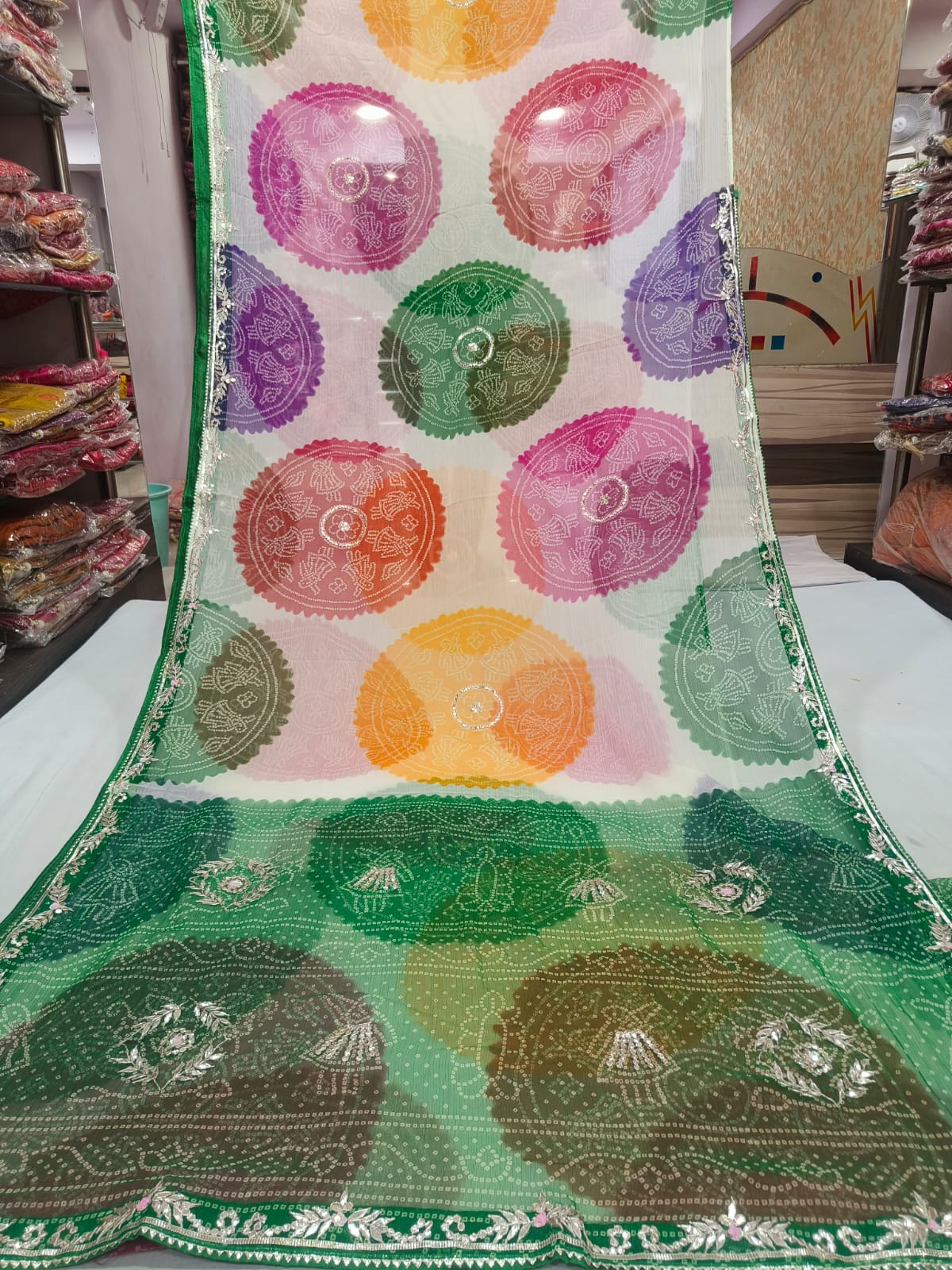 Green,Pink and Yellow Radial Tie-Dye Saree with Gota Leaf Border