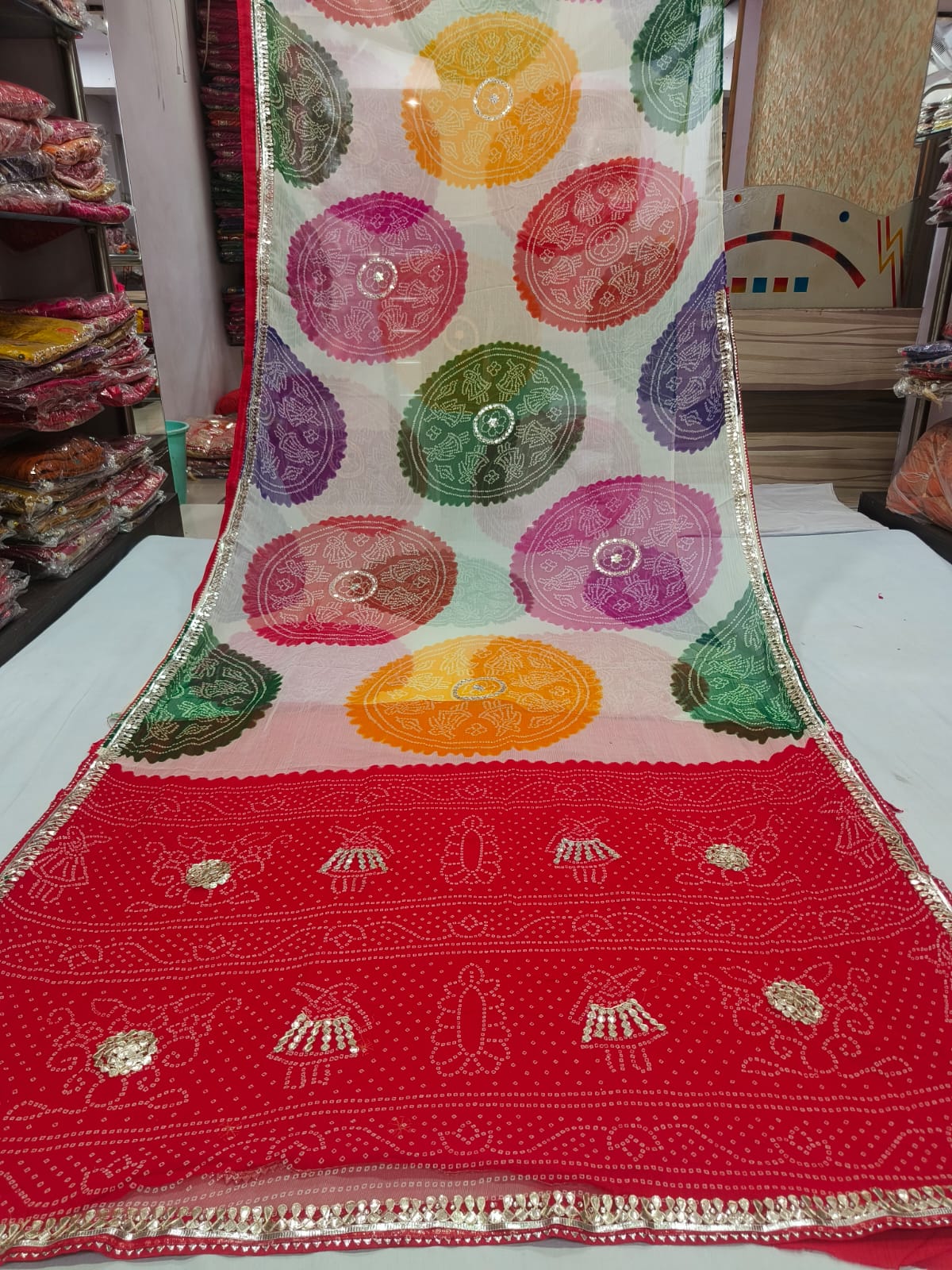 Red and Lime Green Spiral Shibori Saree