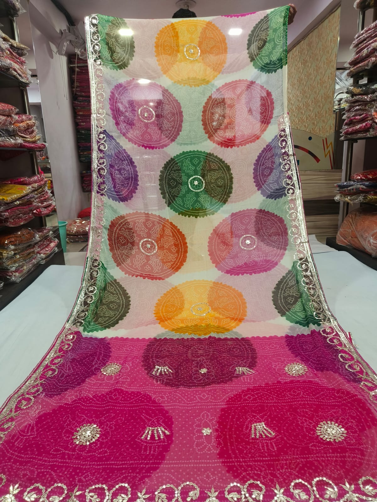 White Saree with Fuchsia Pink Splashes and Medallion Gota Patti Work