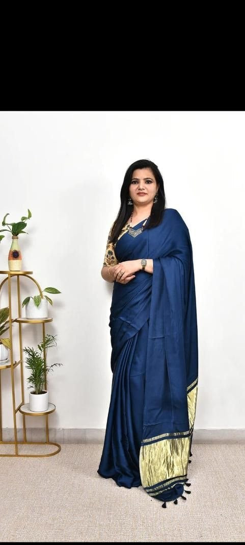 Elegant Satin Silk Saree with Golden Border – 5 Colors Available
