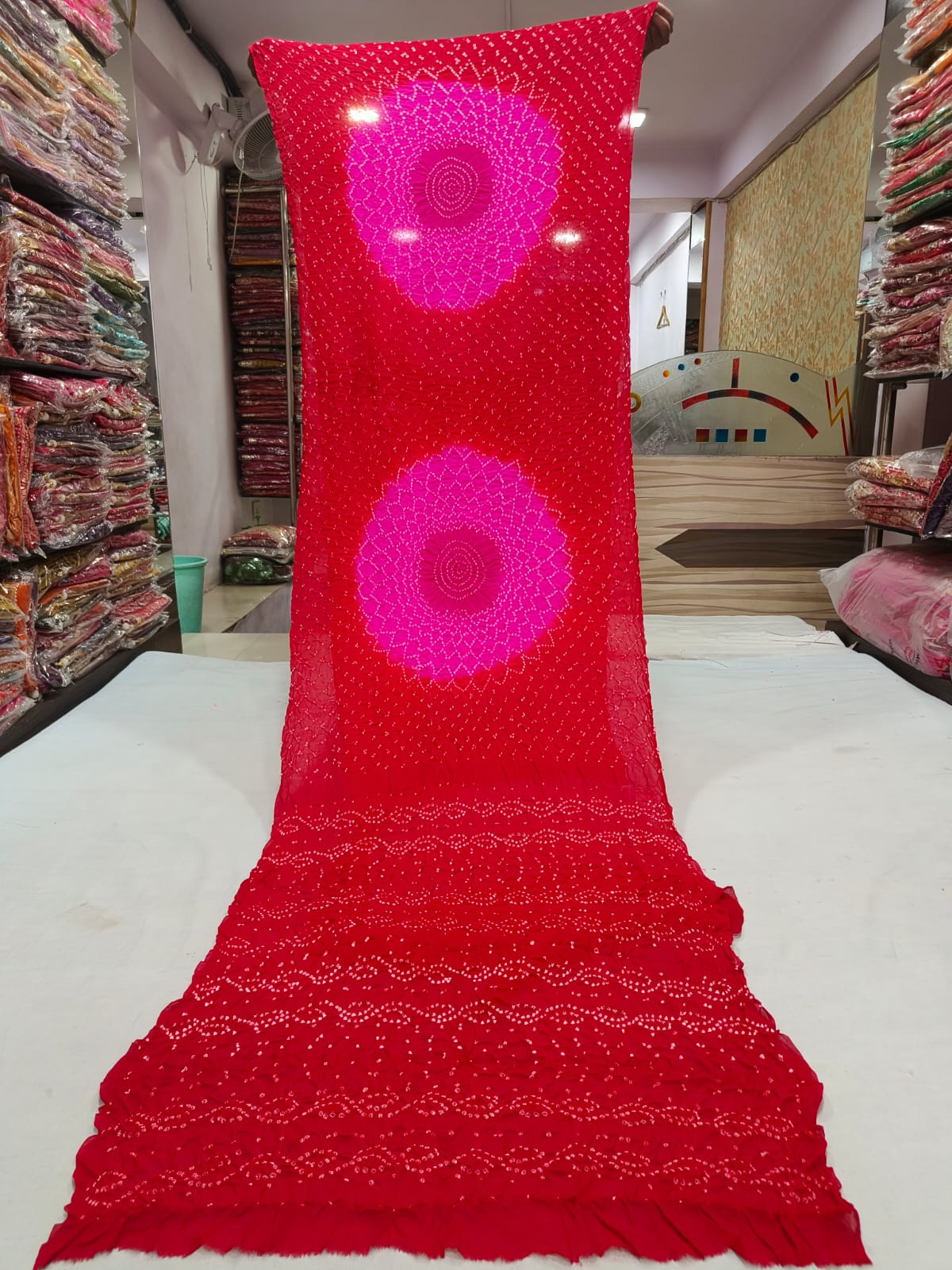 Red and Hot Pink Circle Bandhani Saree