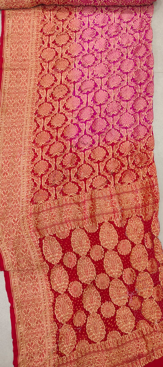 Red, Pink, and Gold Brocade Saree