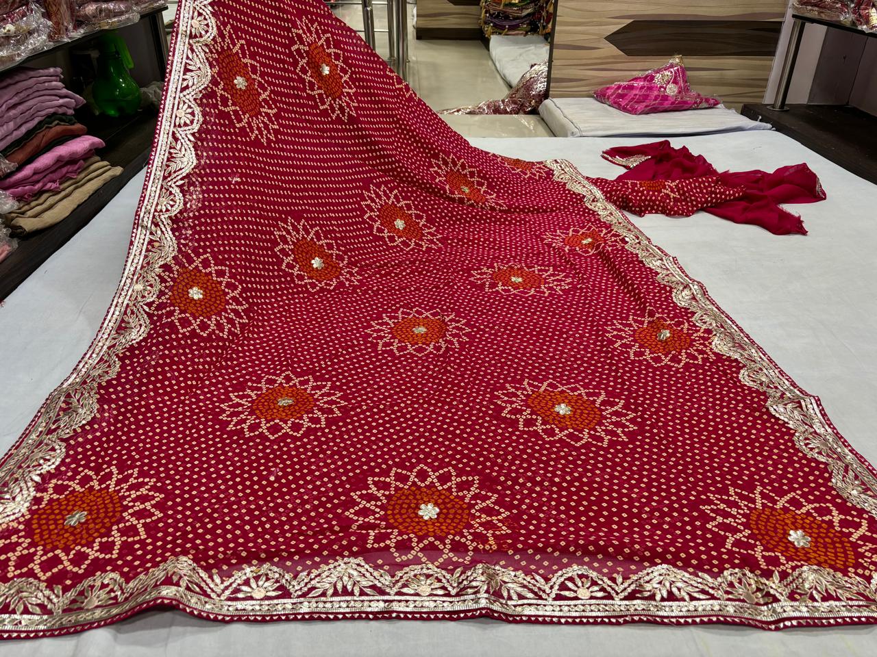 Red ,red yellow and Maroon  Gotta Patti Chunri saree