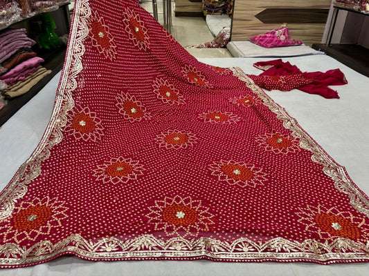 Red ,red yellow and Maroon  Gotta Patti Chunri saree