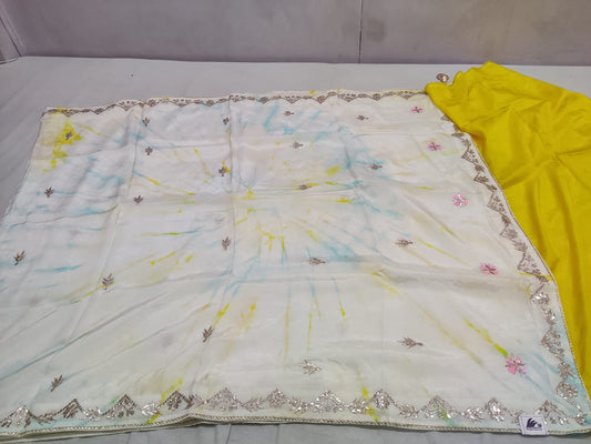 Hand-Dyed White & Sky Blue Shibori Saree with Intricate Gota Border
