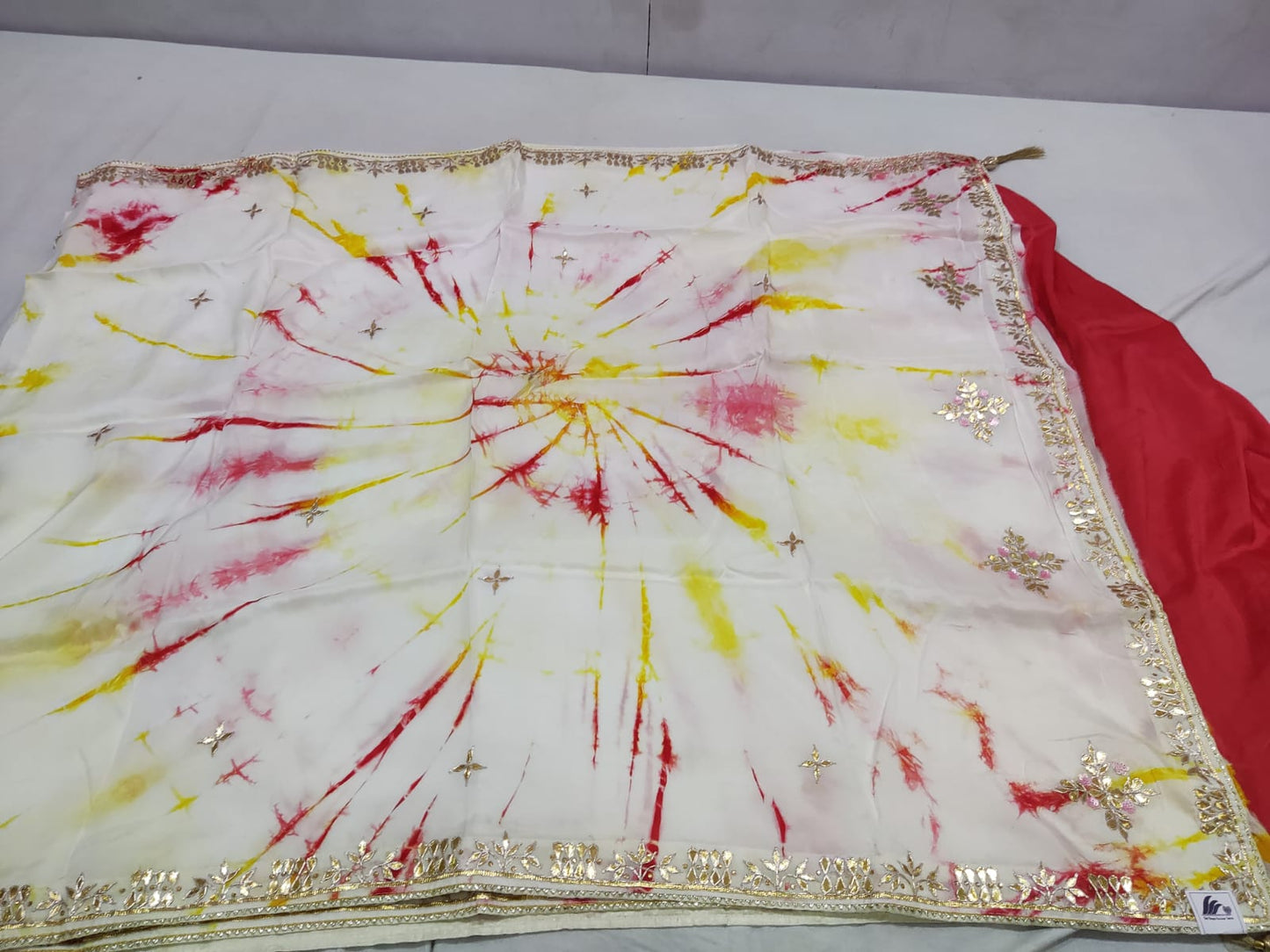 Crimson & Gold Sunburst Shibori Saree on Pure Georgette