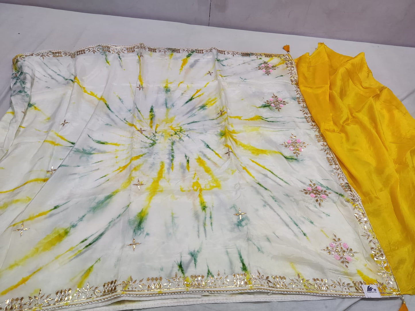 White &amp; Emerald Green Spiral Tie-Dye Saree with Gota Embellishments