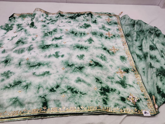 Deep Moss Green Marbled Shibori Saree with Classic Gota Border