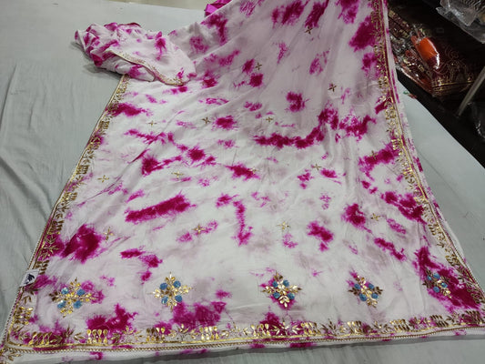 White Saree with Bold Fuchsia Tie-Dye Splashes and Heavy Gota Pallu