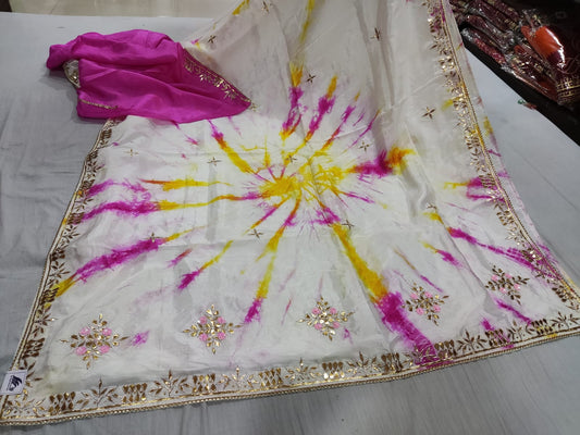 Pink &Yellow Radial Tie-Dye Saree with Pink Floral Gota Work
