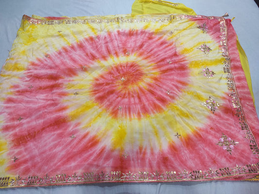 Crimson & Canary Yellow Radial Shibori Saree with Gota Embellishments