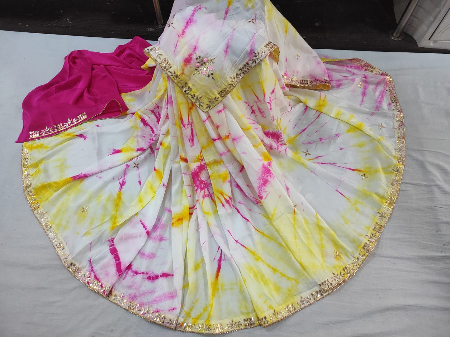 Multi-Tone Fuchsia & Lemon Sunburst Saree with Gota Work