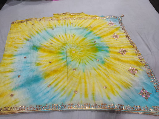 Turquoise & Sunshine Yellow Radial Shibori Saree with Floral Gota Accents