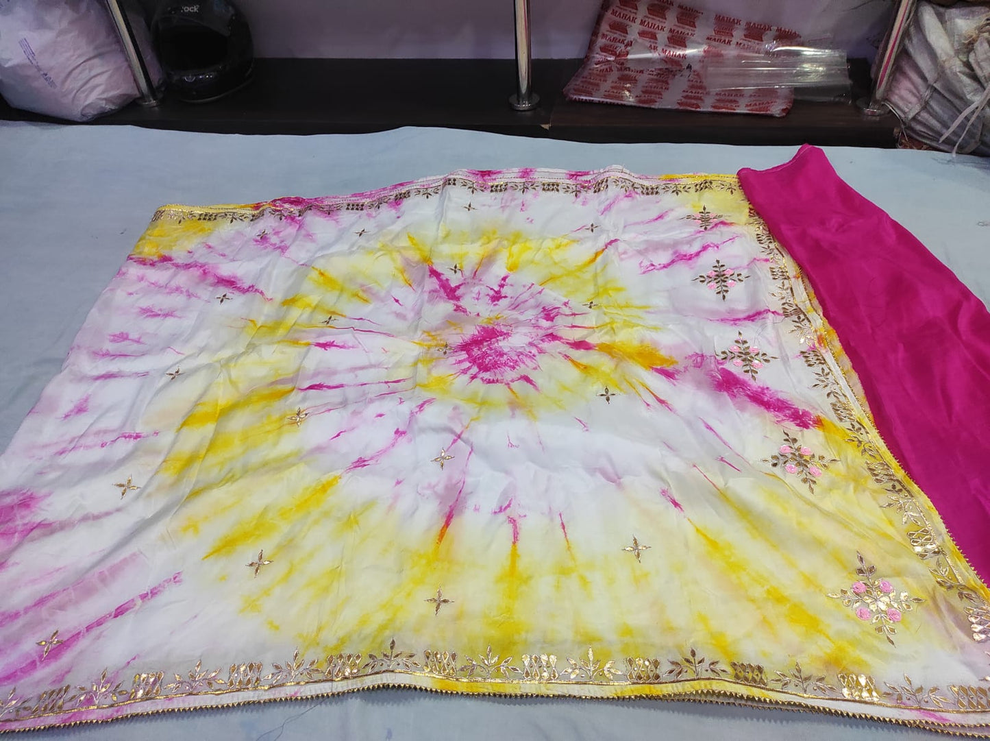 White & Hot Pink Radial Shibori Saree with Lemon Accents