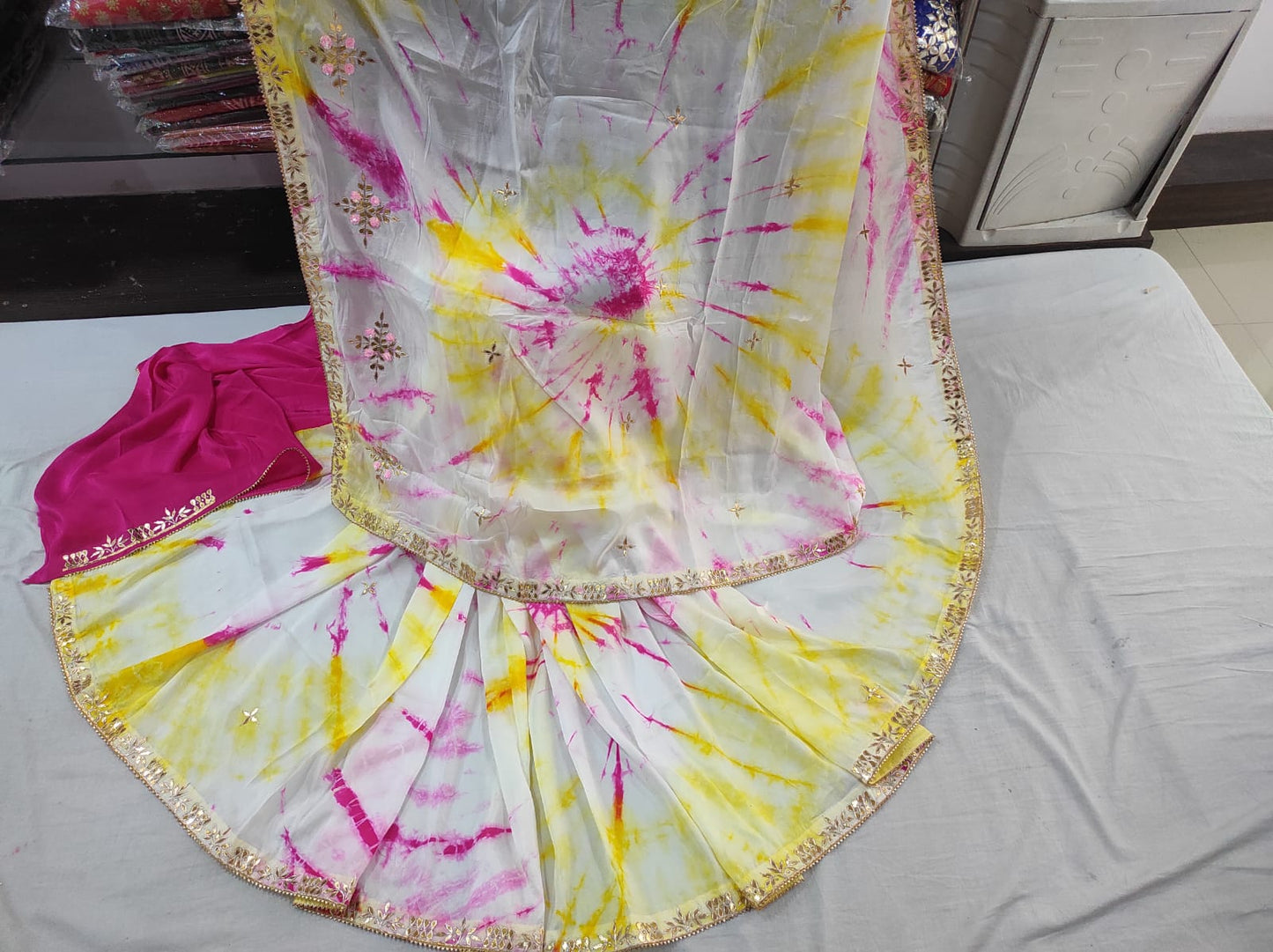 Multi-Tone Fuchsia & Lemon Sunburst Saree with Gota Work