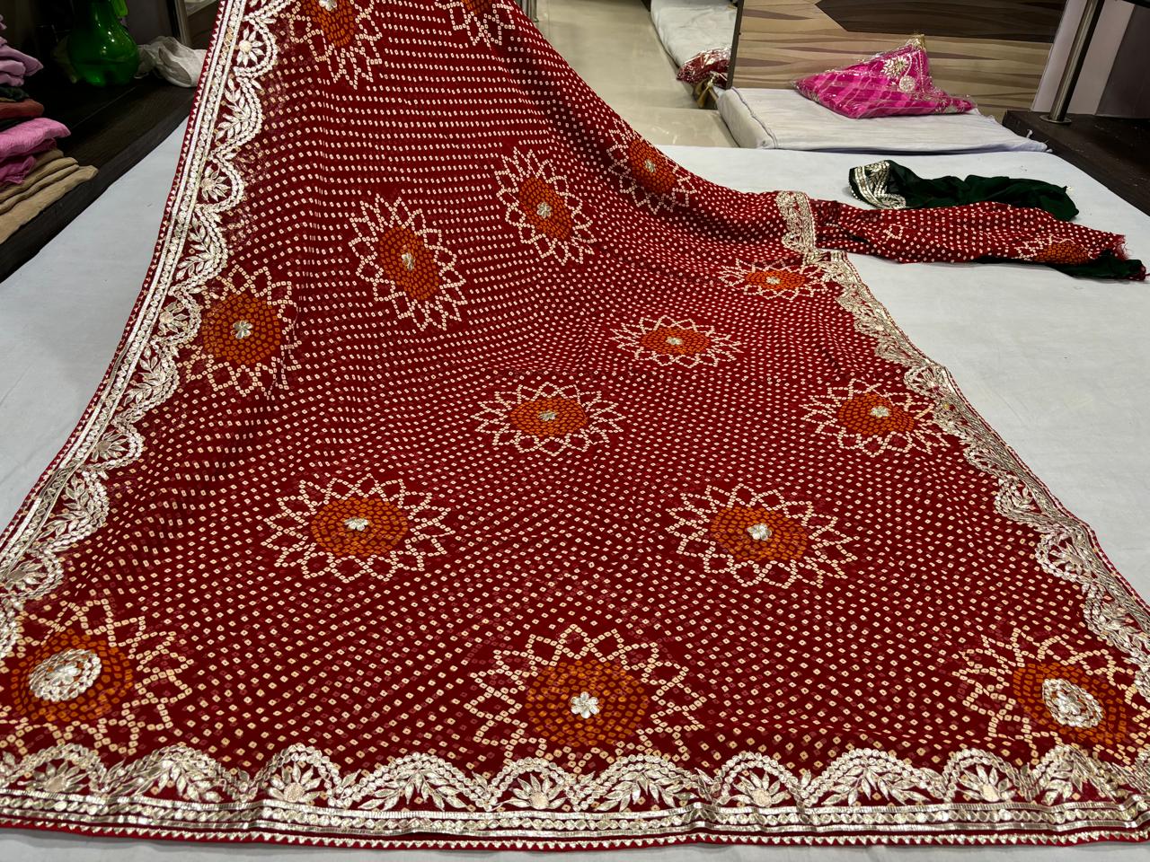 Red ,red yellow and Maroon  Gotta Patti Chunri saree