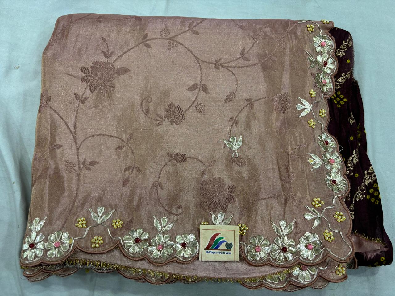 Dusty Rose Pittan Saree with Floral Pattern