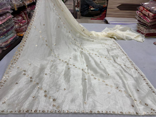 Off-White Crushed Saree with Pittan Motifs