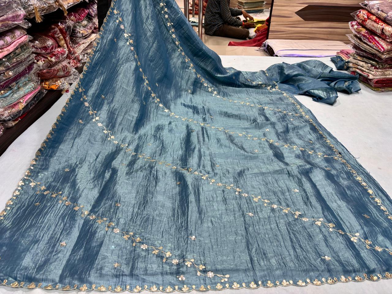 Dusty Blue Crushed Saree with Pittan Motifs