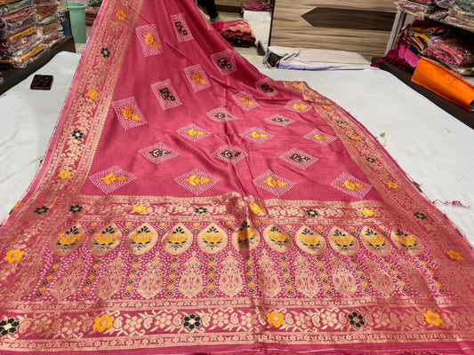 Pink Floral Bandhani Printed Saree