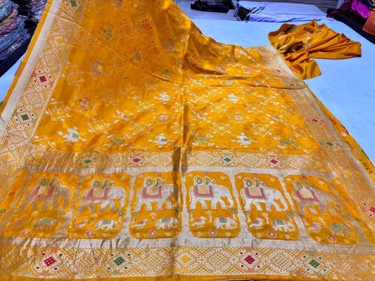 Yellow Elephant and Geometric Printed Saree