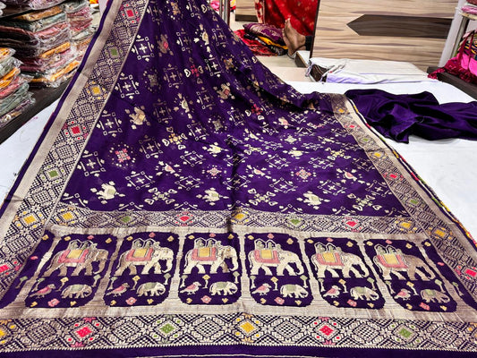 Dark Purple Elephant and Geometric Printed Saree