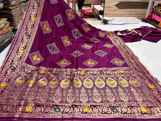 Purple Floral Bandhani Printed Saree