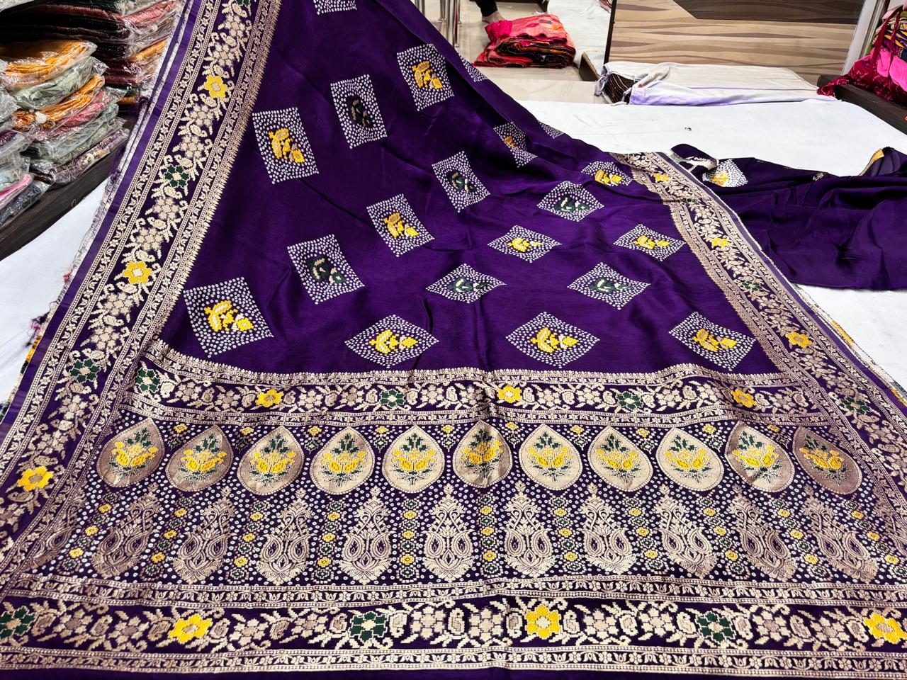 Dark Purple Floral Bandhani Saree