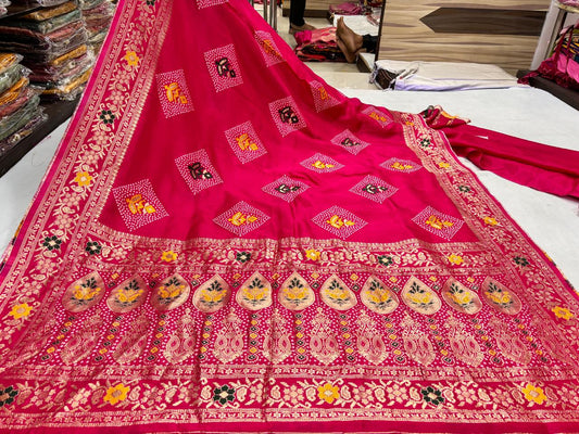 Magenta Floral Bandhani Saree