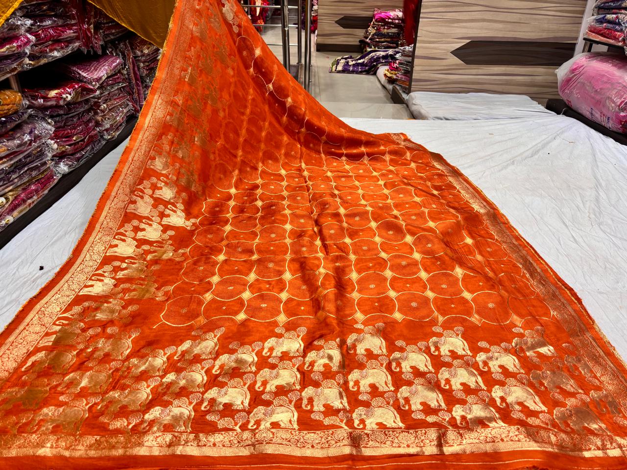 Orange Elephant and Circle Print Saree