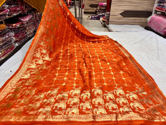 Orange Elephant and Circle Print Saree