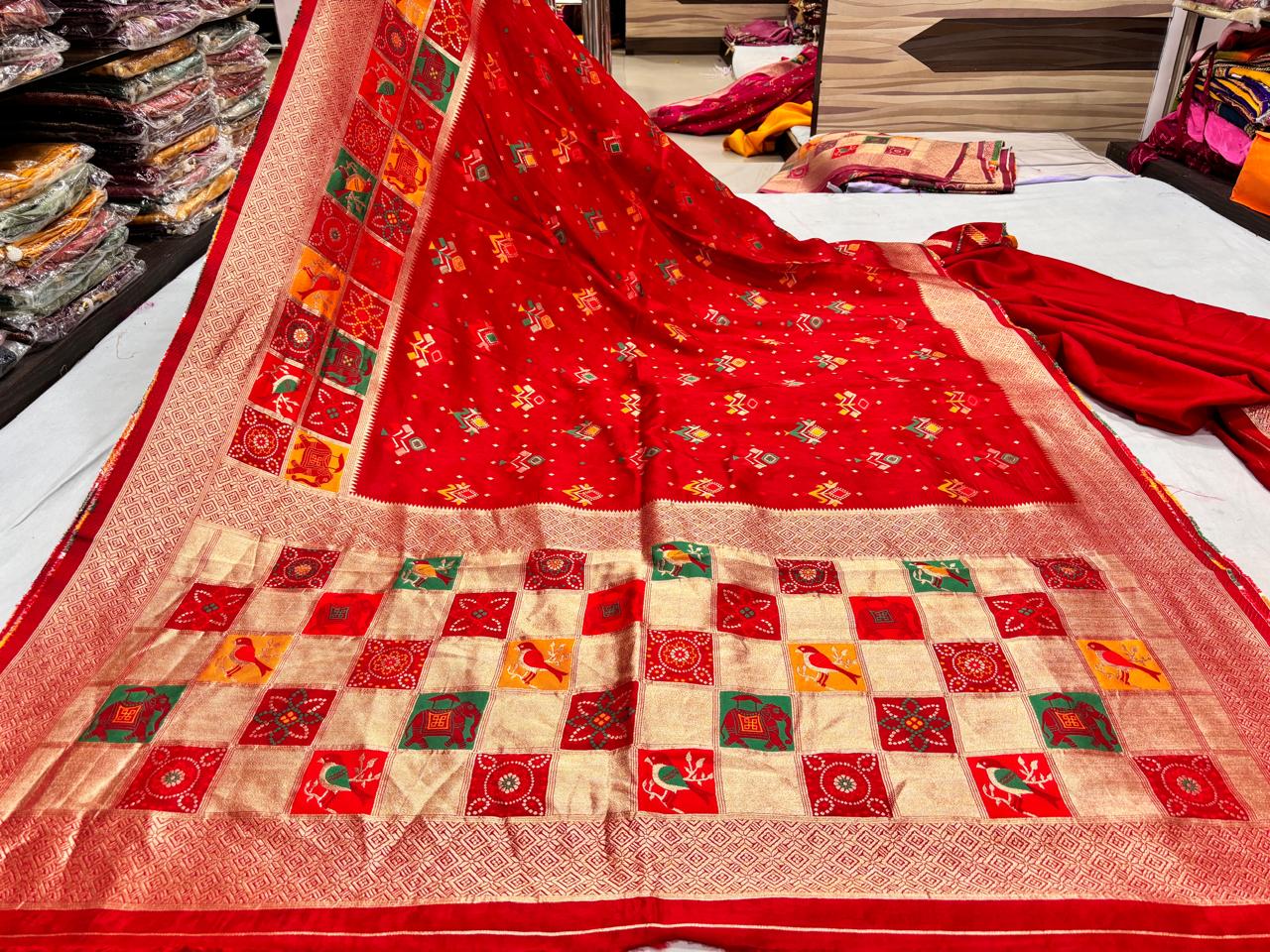 Red Bird and Geometric Print Saree