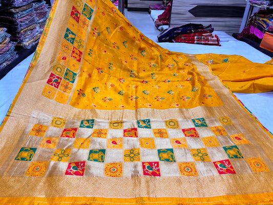 Yellow Bird and Geometric Print Saree