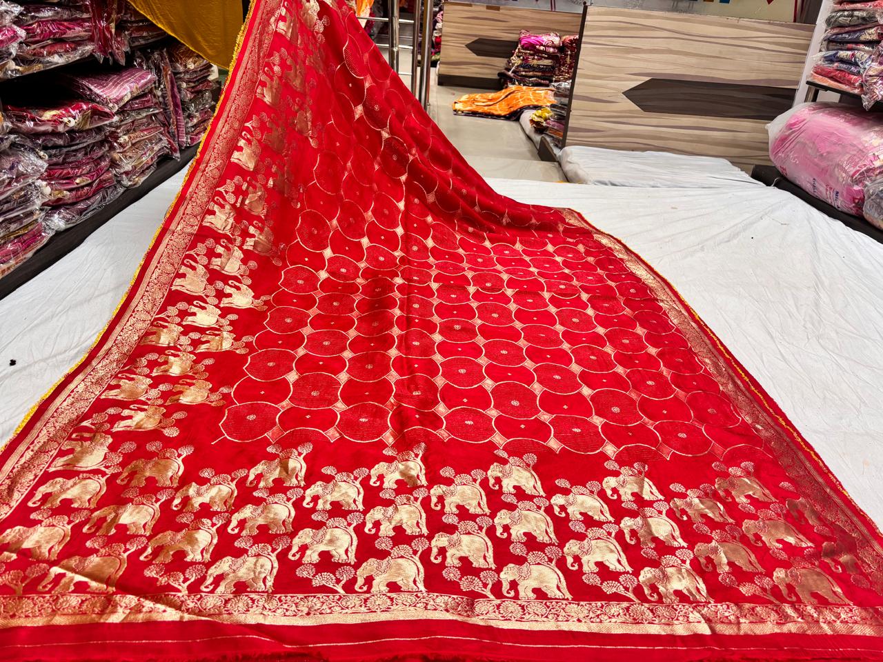 Red Elephant and Circle Print Saree