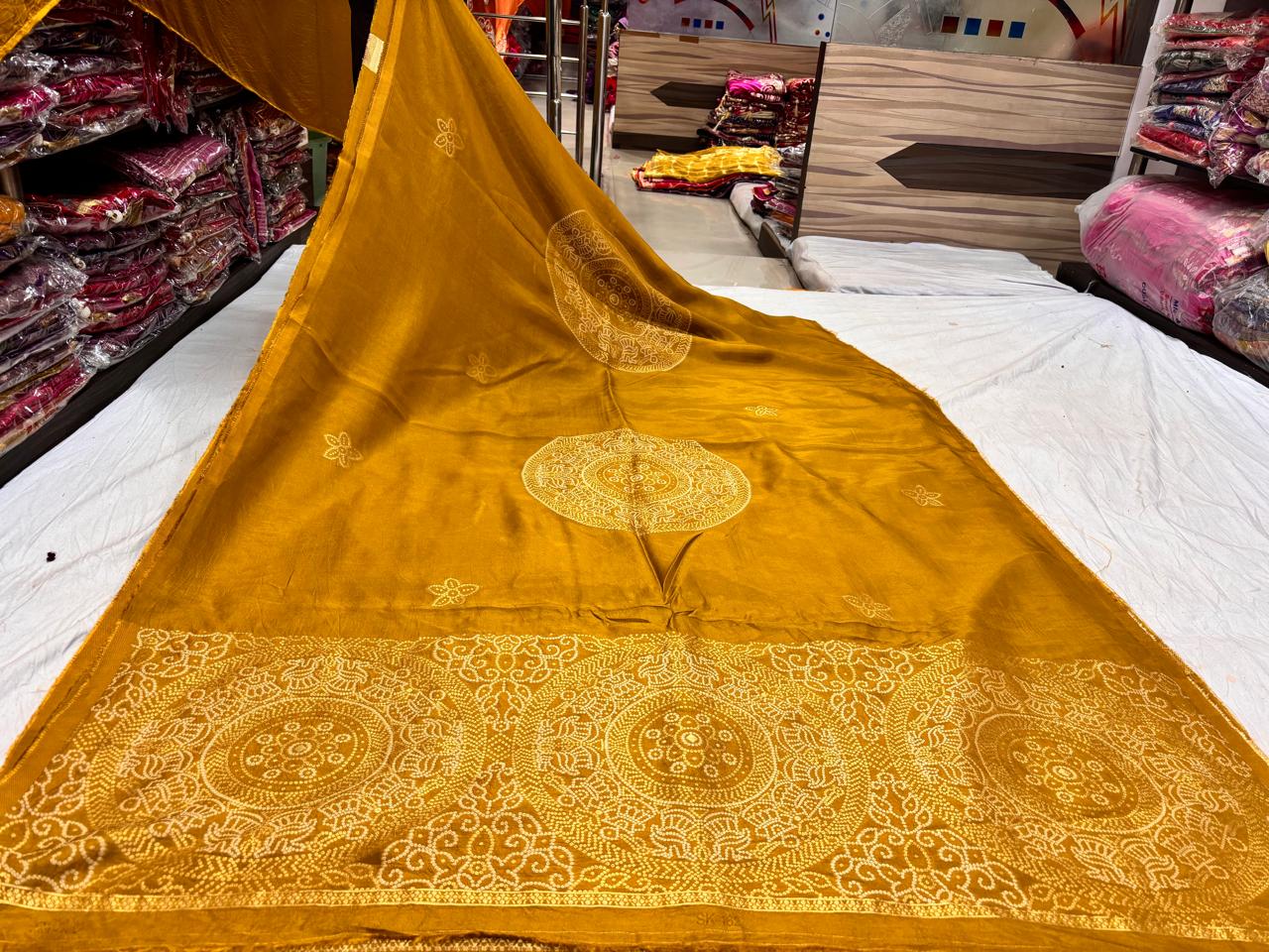 Yellow Geometric Bandhani Saree