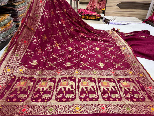 Magenta Elephant and Geometric Printed Saree