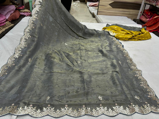 Smoke Grey Saree with Silver Gotta Patti Border