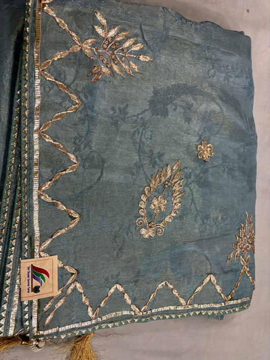 Teal Green Organza Saree with Traditional Gotta Patti Work