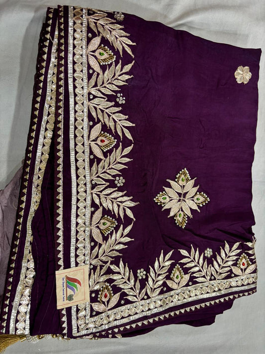 Royal Purple Saree with Floral Gotta Patti Motifs