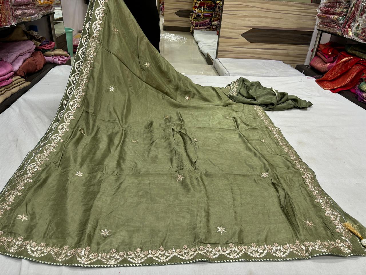 Olive Green Pure Gotta Patti Saree