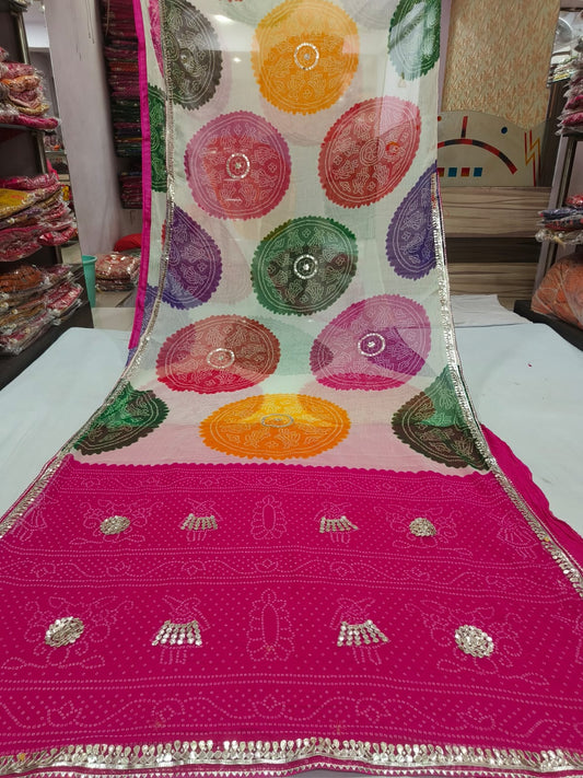 Crimson Red and Marigold Sunburst Shibori Saree with Gota Patti