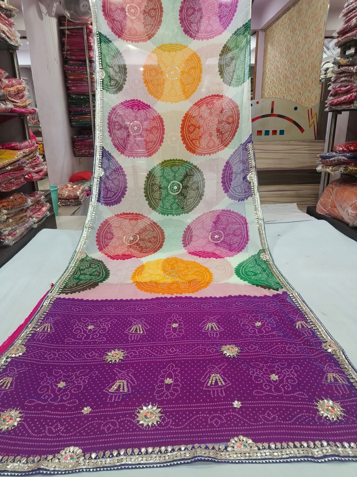Emerald Green and Lemon Yellow Spiral Shibori Saree with Floral Gota
