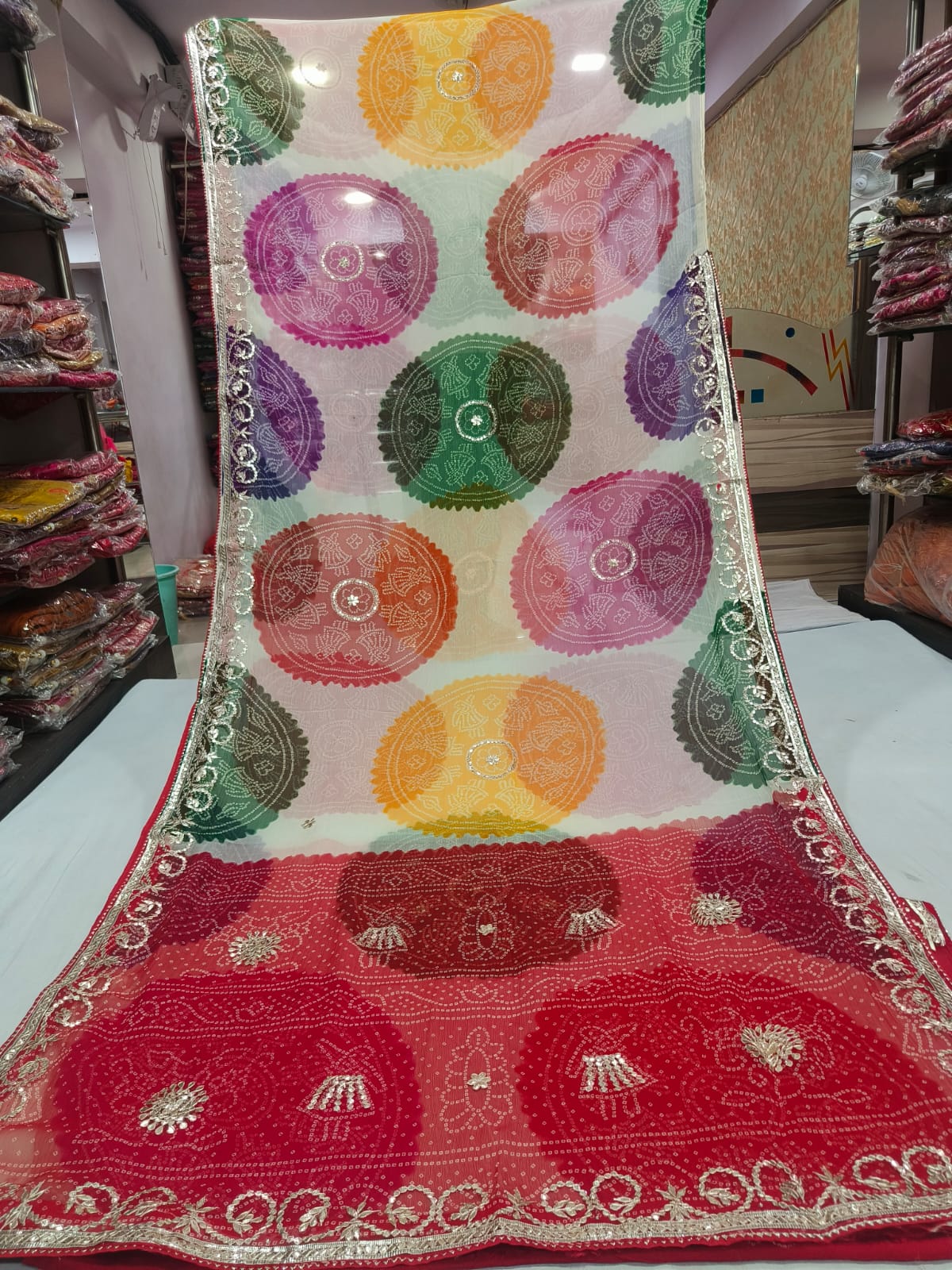 Red and Sunshine Yellow Radial Shibori Saree with Gota Embellishments